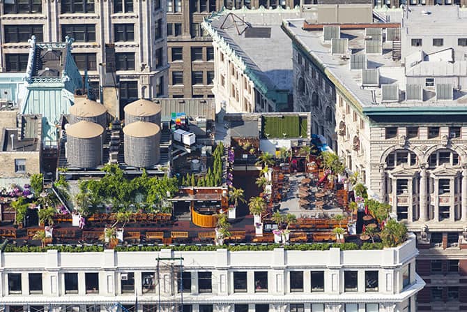 A rooftop garden on the top of a city building